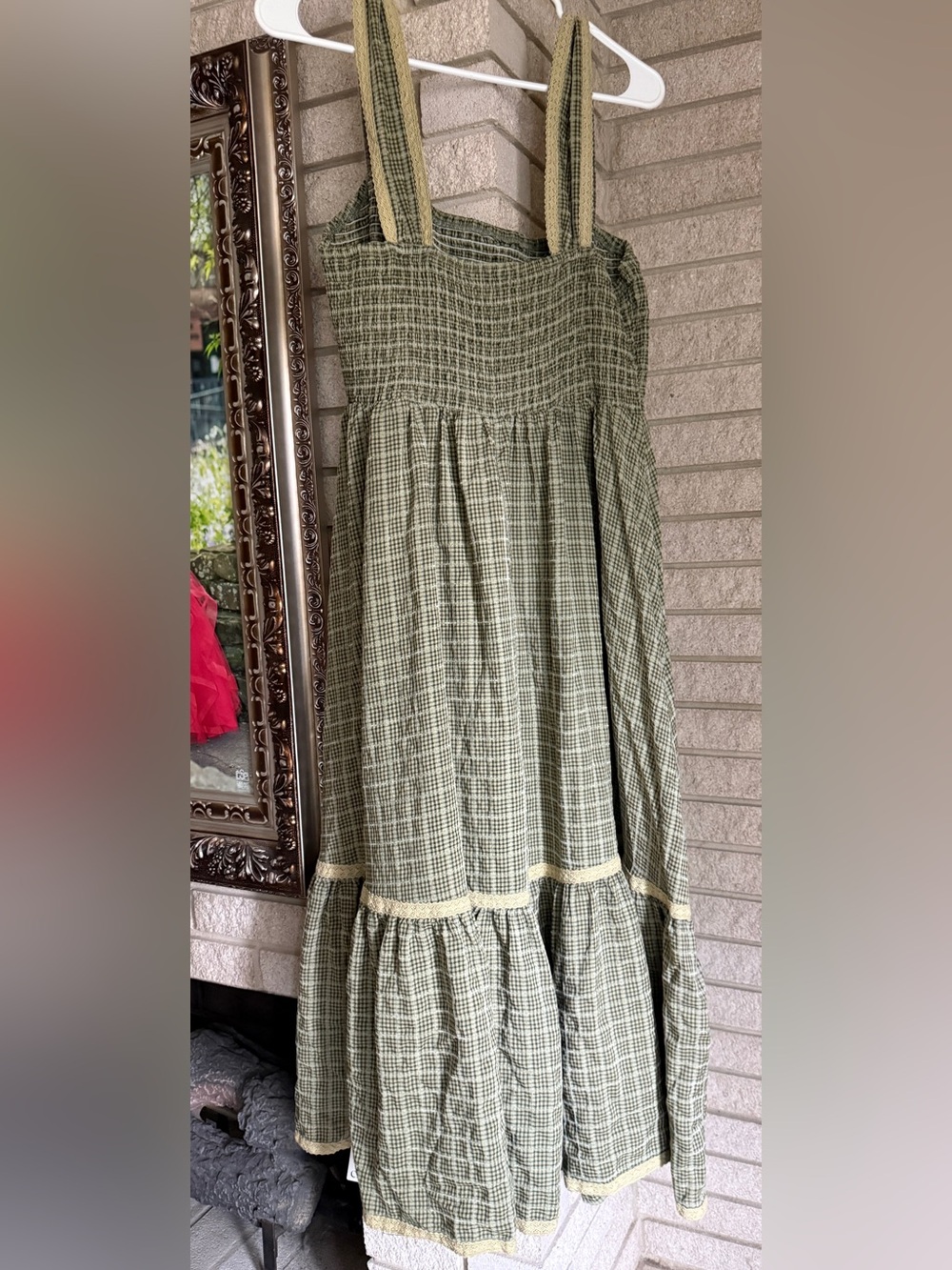 Cider Olive Green Plaid Maxi Dress with Cream Trim - Picture 2 of 3